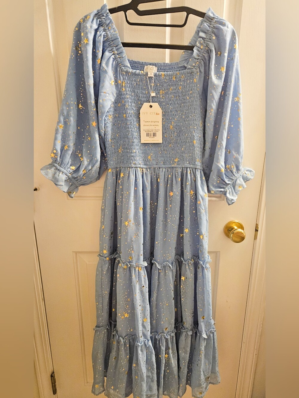 Ivy City Co Starry Nights Dress Baby Blue Gold Stars XS NWT